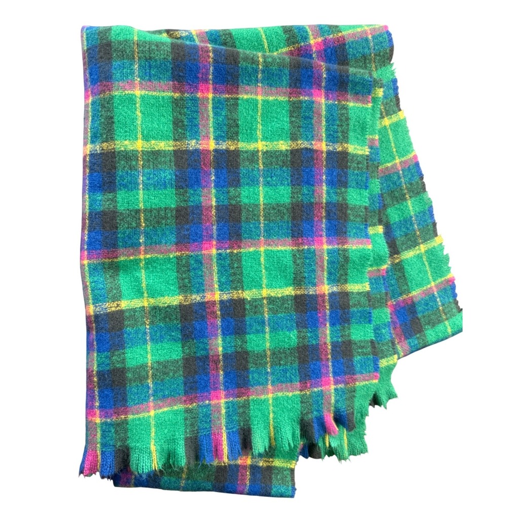 Unbranded Plaid Scarf Unisex OS Green Multi Tartan Fringed Wrap Excellent